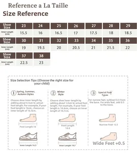 Size chart for girls' casual dance shoes from 23 to 38 with measurement guide
