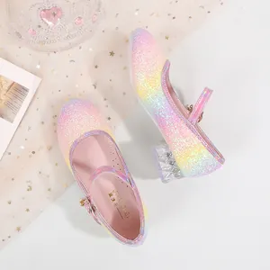 Rainbow sequin Mary Jane princess shoes with crystal heels and pearl bow charm for girls