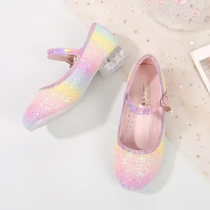 Sparkly rainbow gradient Mary Jane shoes for girls with crystal low heels and pearl charm