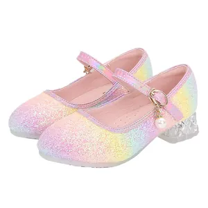 Rainbow sequin Mary Jane princess shoes for girls with crystal heels and pearl charms