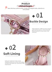 Pink glitter princess shoes detail featuring adjustable metal buckle and pearl decoration