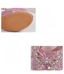 Detail of pink glitter girls' shoes showing anti-slip rubber sole and rhinestone bow
