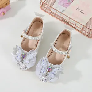 Weiße Pailletten Mary Jane Schuhe für Mädchen mit Perlenriemen und Netzschleifen