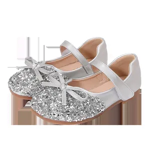 Mädchen Silber Glitzer Prinzessin Mary Jane Schuhe Glänzende Schleife Strass Flache Schuhe Für Aufführung Party Hochzeit Kinder