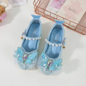 Glitzernde blaue Pailletten-Prinzessinenschuhe mit Farbverlauf-Schleife und Perlenriemen