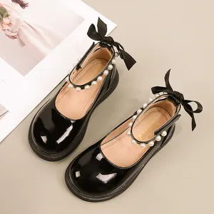 Meisjes Mary Jane Schoenen Lakleer Prinses Platte Schoenen Met Parels En Strik Zwart Wit Performance School Studenten Schoenen