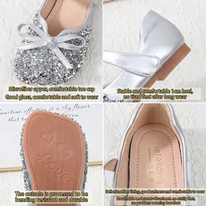 Mädchen Mary Jane Ballerinas in Silber mit Pailletten, Schleife und rutschfester Sohle