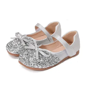 Mädchen Glitzer Prinzessin Schuhe in Silber mit Schleife und Klettverschluss