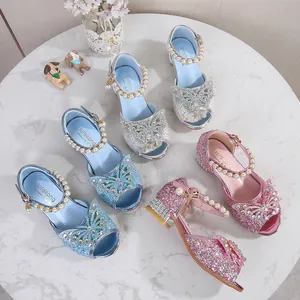 Girls Sequin Princess Sandals Sparkly Bowknot Rhinestone Low Heel Party Dress Shoes With Artificial Pearl Strap For Kids Perform