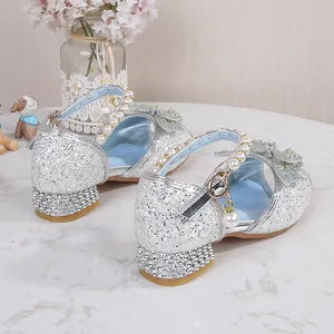 Silver sparkly girls princess sandals with pearls and glittery rhinestones