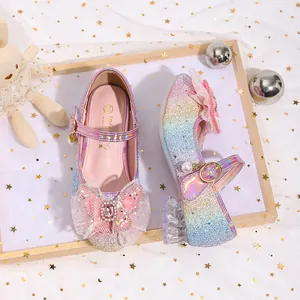 Rainbow sequin girls princess high heel shoes with mesh bow and crystal heel detail