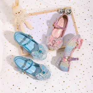 Sparkly pink and blue sequin girls princess shoes with mesh bow and gem details