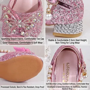 Pink sequin girls sandals with rhinestone bow, 2.5cm heel and non-slip sole