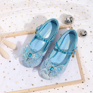 Light blue sparkling girls princess shoes with rhinestone bow and sequin finish
