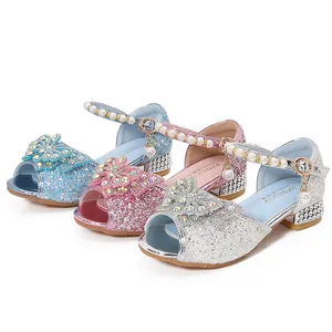 Sparkly girls' glitter sandals with rhinestone bow and pearl straps in three colors