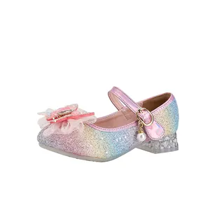 Rainbow sequin girls high heel shoes with rhinestone bow and crystal heel for parties