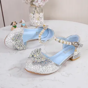 Elegant silver glitter girls princess shoes with rhinestone bow and pearl strap