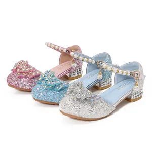 Sparkly girls princess shoes with sequins, rhinestone bows and pearl straps in three colors