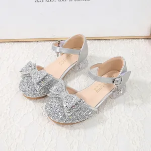 Shiny Girls Sequin Princess Shoes Crystal Chunky Heel Bow Rhinestone Dress Shoes For Wedding Party Performance Birthday