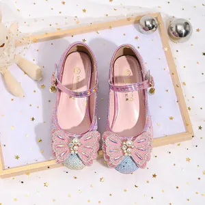 Zapatos Mary Jane holográficos rosas para niña con lazo de diamantes de imitación