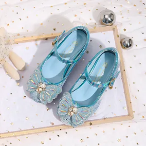 Zapatos de princesa azul cielo para niña con lazo brillante y pedrería