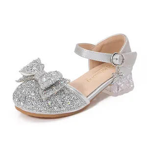 Girls sparkling silver princess shoes with sequin bow and transparent crystal heels