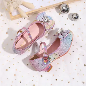 Sparkly gradient glitter girls princess shoes with large bow and rhinestone pendant