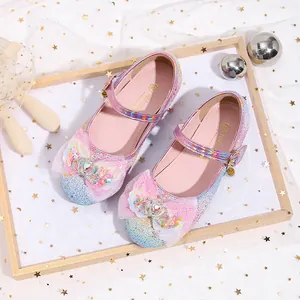 Sparkly pink and blue gradient sequin girls princess shoes with crown and bow details