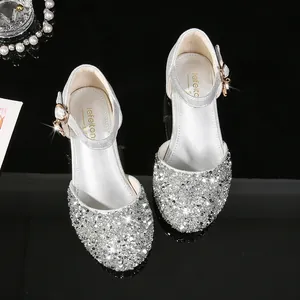 Zapatos de princesa plateados con lentejuelas para niñas y hebilla de diamantes imitación