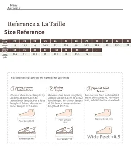 Tableau des tailles pour sandales princesse avec guide de mesure et longueur intérieure