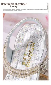 Détail de la semelle en microfibre respirante et brides en perles sur sandales argentées