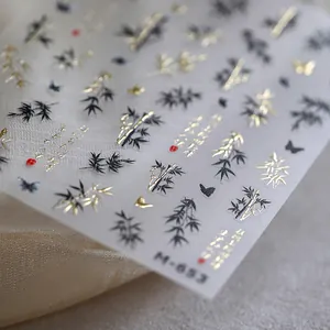 Chinese Style 3D Relief Nail Art Stickers Bamboo Butterfly Calligraphy Gold Stamping Nail Decals For Women Manicure Decoration