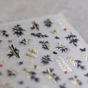 New Chinese ink bamboo and butterfly nail art stickers with gold foil and 3D embossing