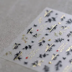 Ink bamboo and butterfly nail stickers with gold embossed details in Chinese style