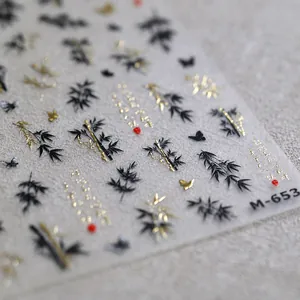 Ink style bamboo and butterfly nail stickers with 3D embossed texture model M-653