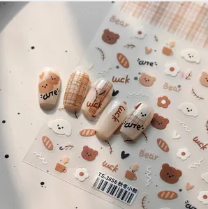 Detail of TS-3858 nail stickers with cute autumn bears and floral patterns on fake nails