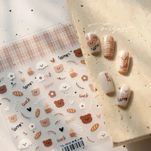 Detail of TS-3858 nail art stickers featuring cute brown bears and autumn coffee themes