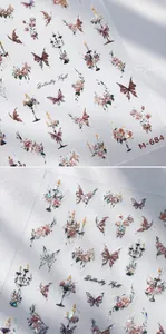 Macro detail of 3D embossed nail stickers featuring vintage butterflies and roses M-684