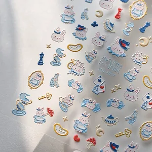 5D embossed nail art sticker featuring blue rabbit and Alice theme designs MN-407F