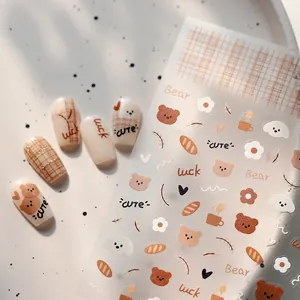 Cute brown bear nail stickers with coffee and puppy patterns for autumn and winter nail art