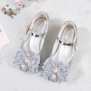 Chaussures Mary Jane argentées scintillantes pour filles avec nœud et perle