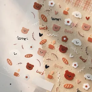 Cute bear and puppy self-adhesive nail art stickers with autumn-themed floral patterns