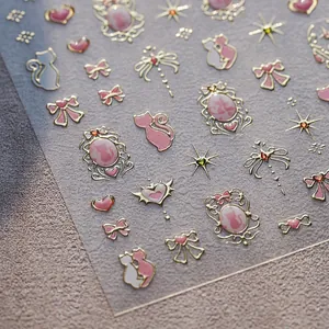 5D Relief Nail Art Stickers Pink Gold Cat Bow Heart Star Patterns Bronzing Embossed Adhesive Decals For Women Girls Manicure
