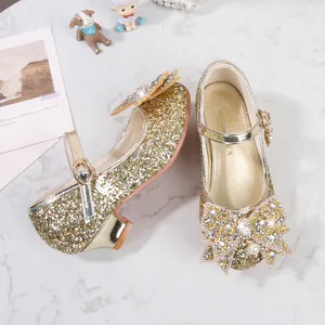 Chaussures Mary Jane dorées pour filles avec noeud perlé et boucle élégante brillante