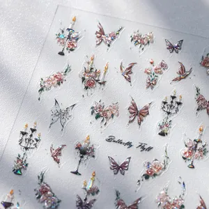 Laser butterfly and floral nail stickers with holographic metallic finish and 3D texture