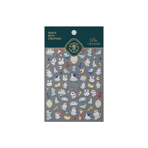 3D embossed blue rabbit nail stickers with fantasy tea party motifs on premium packaging
