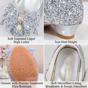 Chaussures princesse argentées à paillettes pour filles avec nœud et pendentif perle