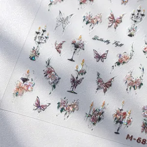 3D embossed nail art stickers with butterfly and floral designs in iridescent pink and purple