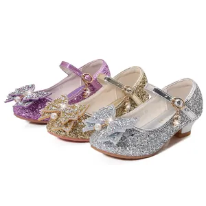 Chaussures princesse pailletées pour filles avec nœud et pendentif cœur en or et argent
