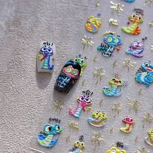 Pegatinas 3D en relieve para uñas de serpiente con fuegos artificiales para Año Nuevo 2025